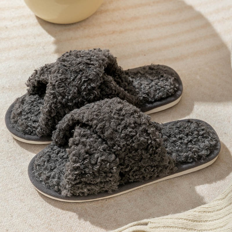 Plush cross strap cotton slippers for women at home skin friendly plush slippers for women