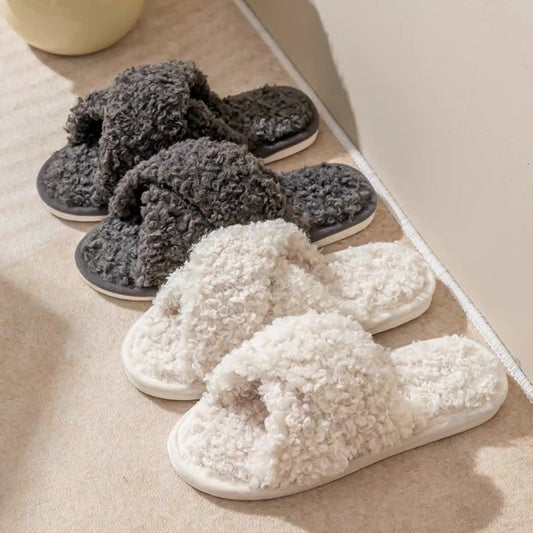 Plush cross strap cotton slippers for women at home skin friendly plush slippers for women