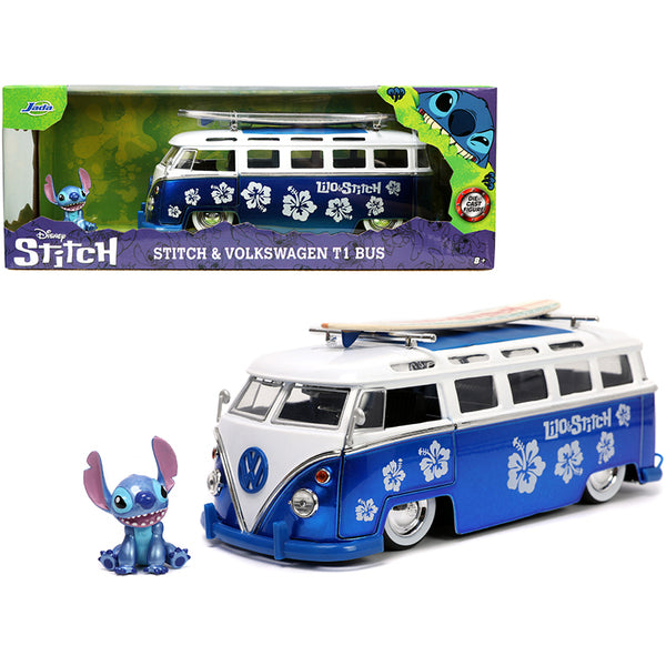 Volkswagen T1 Bus Candy Blue and White with Stitch Diecast Figurine and Surfboard "Lilo & Stitch" Disney "Hollywood Rides" Series 1/24 Diecast Model Car by Jada