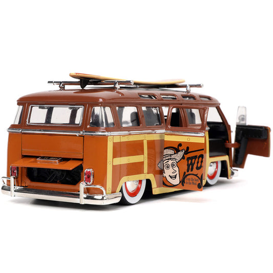 Volkswagen T1 Bus Brown with Graphics "Sheriff Woody" and Woody Diecast Figure and Surfboard "Toy Story" (1995) Movie "Hollywood Rides" Series 1/24 Diecast Model Car by Jada