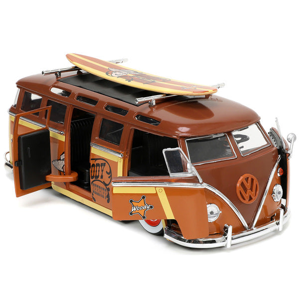 Volkswagen T1 Bus Brown with Graphics "Sheriff Woody" and Woody Diecast Figure and Surfboard "Toy Story" (1995) Movie "Hollywood Rides" Series 1/24 Diecast Model Car by Jada