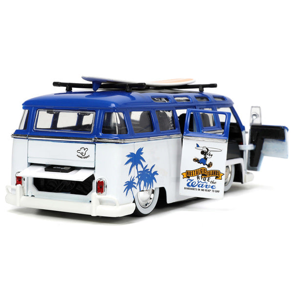 Volkswagen T1 Bus Blue and White with Graphics "Nostalgic Islands Ride the Wave" and Mickey Mouse Diecast Figure and Surfboard "Disney's Mickey and Friends" "Hollywood Rides" Series 1/24 Diecast Model Car by Jada