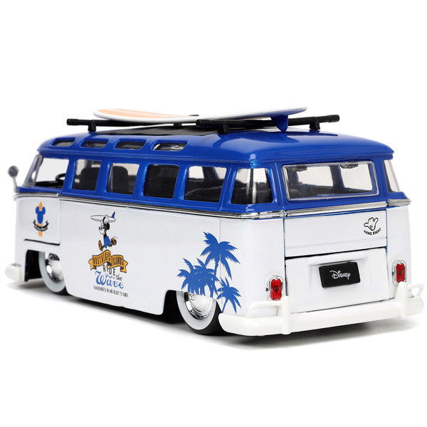 Volkswagen T1 Bus Blue and White with Graphics "Nostalgic Islands Ride the Wave" and Mickey Mouse Diecast Figure and Surfboard "Disney's Mickey and Friends" "Hollywood Rides" Series 1/24 Diecast Model Car by Jada