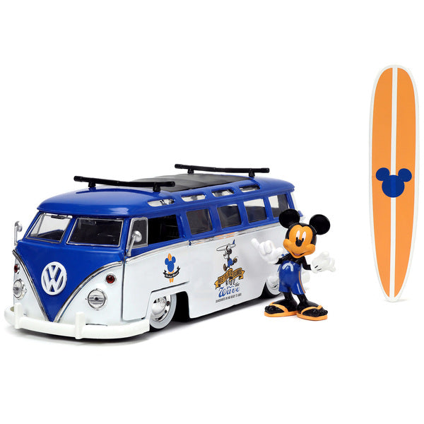 Volkswagen T1 Bus Blue and White with Graphics "Nostalgic Islands Ride the Wave" and Mickey Mouse Diecast Figure and Surfboard "Disney's Mickey and Friends" "Hollywood Rides" Series 1/24 Diecast Model Car by Jada