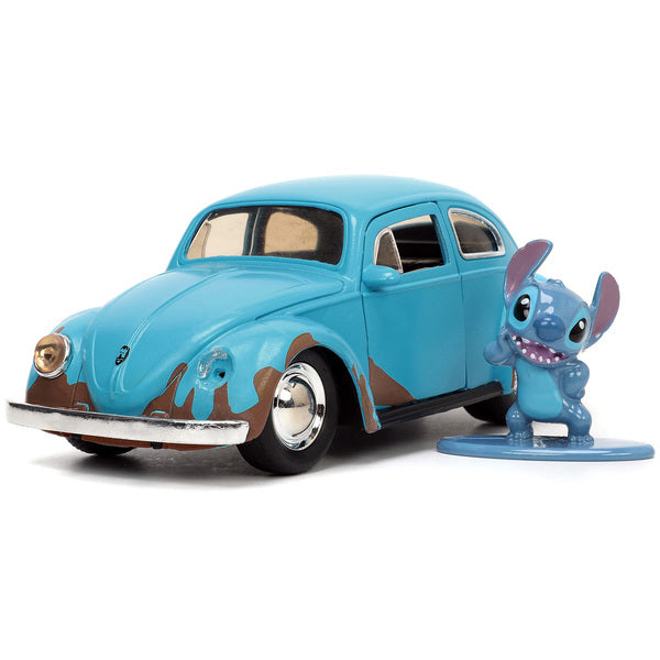 Volkswagen Beetle Matt Blue (Weathered) and Stitch Diecast Figure "Lilo and Stitch" (2002) Movie "Hollywood Rides" Series 1/32 Diecast Model Car by Jada