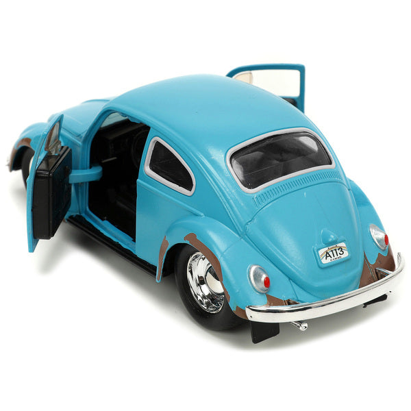 Volkswagen Beetle Matt Blue (Weathered) and Stitch Diecast Figure "Lilo and Stitch" (2002) Movie "Hollywood Rides" Series 1/32 Diecast Model Car by Jada