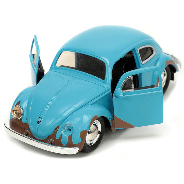 Volkswagen Beetle Matt Blue (Weathered) and Stitch Diecast Figure "Lilo and Stitch" (2002) Movie "Hollywood Rides" Series 1/32 Diecast Model Car by Jada