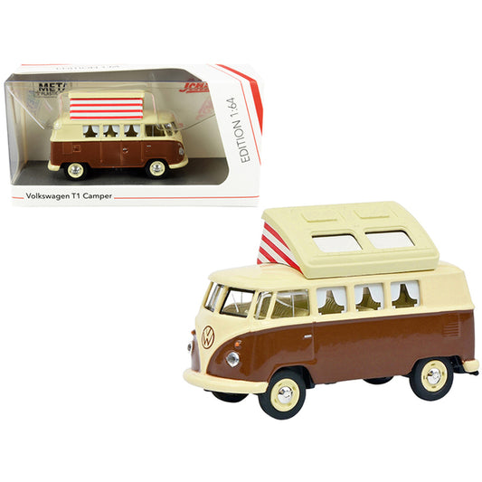 Volkswagen T1 Camper Bus with Pop-Top Roof Brown and Cream 1/64 Diecast Model by Schuco