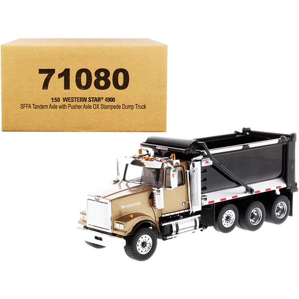 Western Star 4900 SFFA Tandem with Pusher Axle OX Stampede Dump Truck Gold and Black "Transport Series" 1/50 Diecast Model by Diecast Masters