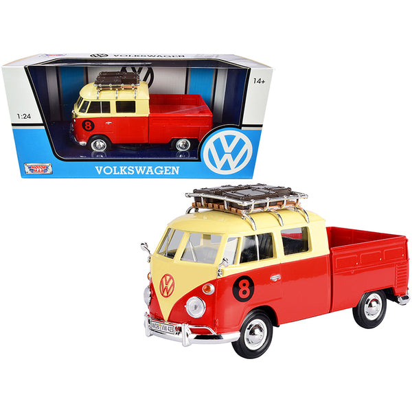 Volkswagen Type 2 (T1) #8 Pickup Truck with Roof Rack and Luggage Red and Yellow 1/24 Diecast Model Car by Motormax