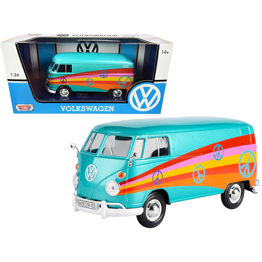 Volkswagen Type 2 (T1) Delivery Van "Peace" Turquoise Metallic 1/24 Diecast Model Car by Motormax