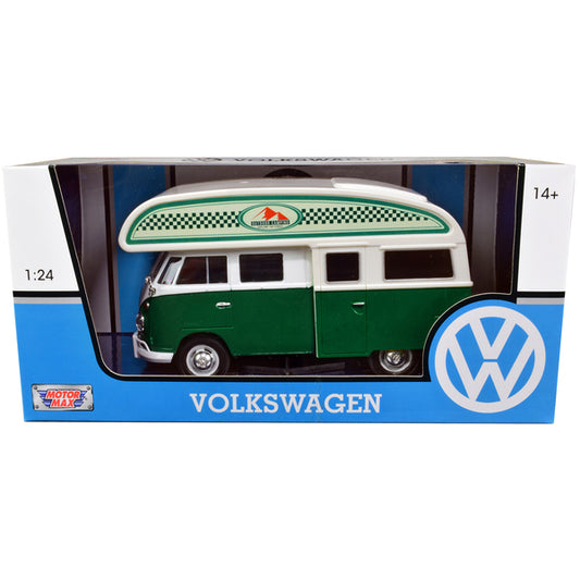 Volkswagen Type 2 (T1) Camper Van Green and White "Outdoor Camping Explore the Forest" 1/24 Diecast Model Car by Motormax