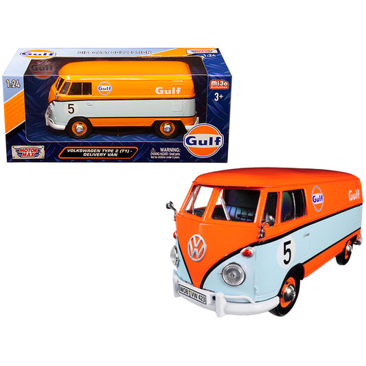 Volkswagen Type 2 (T1) Delivery Van #5 "Gulf" Orange and Light Blue 1/24 Diecast Model Car by Motormax