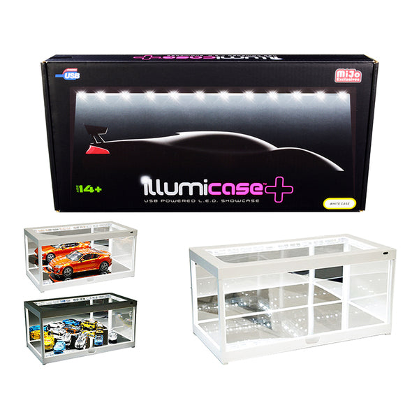 White Collectible Display Show Case Illumicase+ with LED Lights and Mirror Base and Back for 1/64 1/43 1/32 1/24 1/18 Scale Models by Illumibox