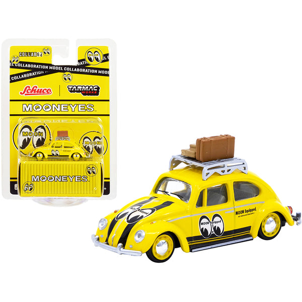 Volkswagen Beetle Low Ride Yellow with Roof Rack and Luggage "Mooneyes" "Collaboration Model" 1/64 Diecast Model Car by Schuco & Tarmac Works